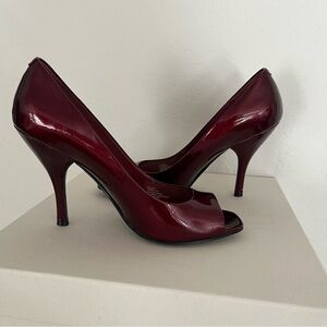 BCBG Red Patent Leather Peep-Toe Heels Y2K